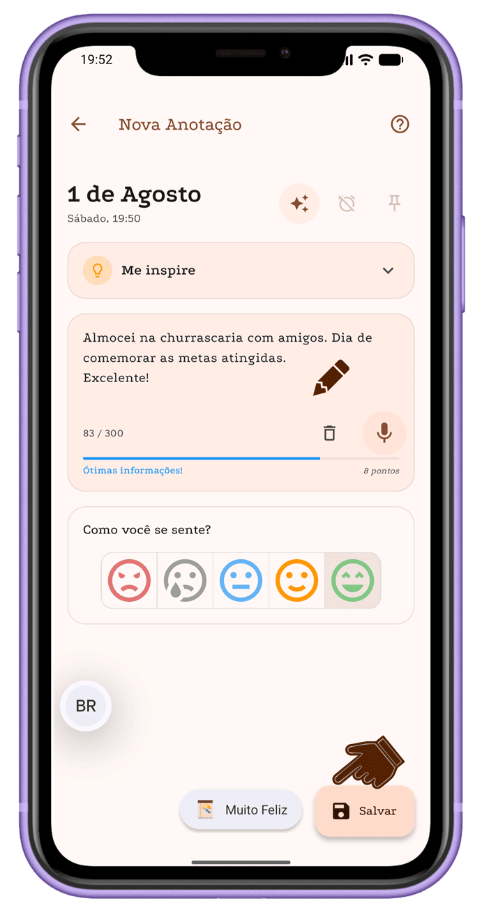 Tela de nova anotação com campo de texto e seletor de humor
