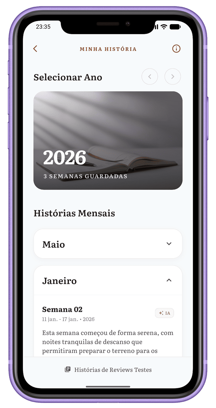 Tela Minha História com resumos organizados por ano e mês